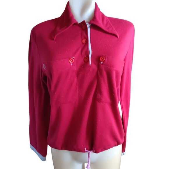 Vintage Women's Boho Top 1970's Red Long Sleeve Polo Collar & Waist Tie Hippy - Picture 2 of 5